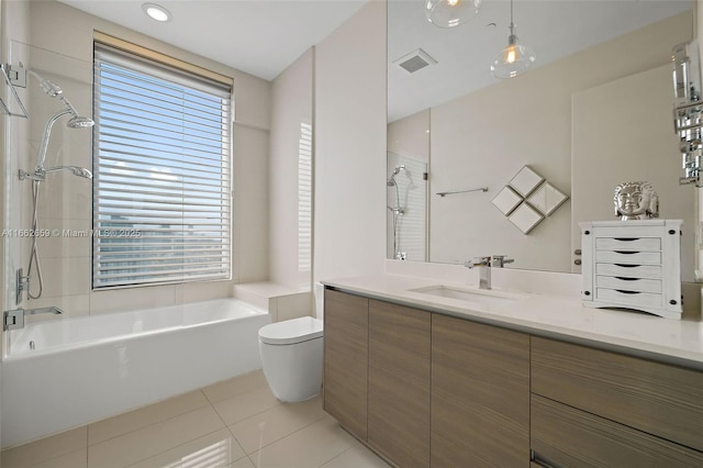 full bathroom with tile patterned flooring, vanity, independent shower and bath, and toilet