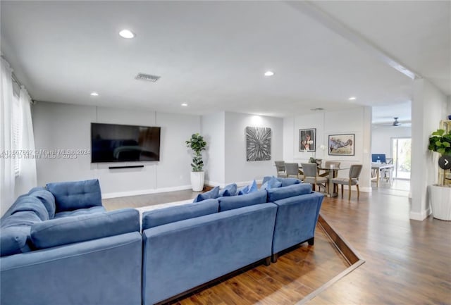 living room with hardwood / wood-style flooring and ceiling fan