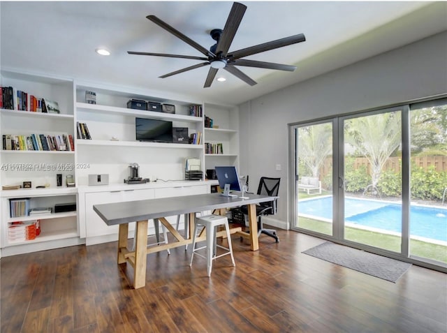 office space featuring ceiling fan and dark hardwood / wood-style floors