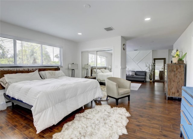 bedroom with multiple windows, a closet, and dark hardwood / wood-style floors