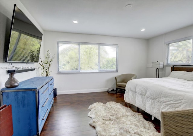 bedroom with dark hardwood / wood-style flooring and multiple windows