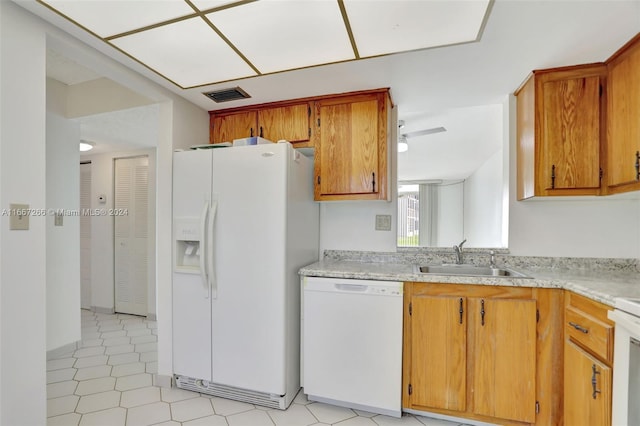 kitchen featuring ceiling fan, sink, and white appliances