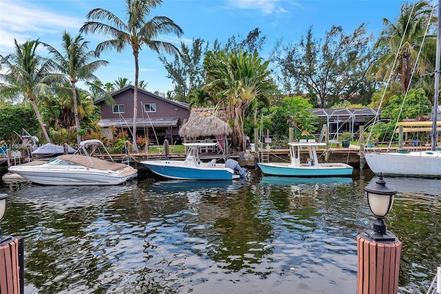 view of dock with a water view