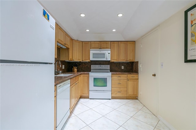 3800 S Ocean Dr Unit 811, Hollywood, FL 33019 - kitchen with white appliances, a sink, tasteful backsplash, light tile patterned floors, and recessed lighting
