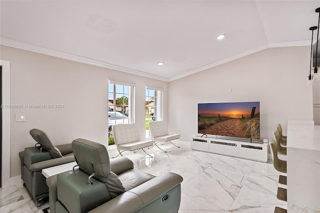 living room with ornamental molding and vaulted ceiling