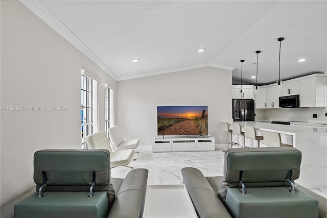 living room with ornamental molding and lofted ceiling