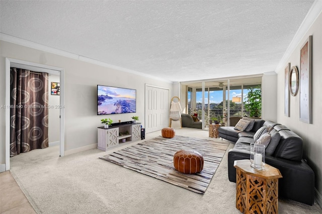 living room featuring a textured ceiling, crown molding, and carpet flooring