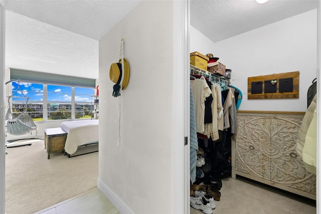 walk in closet featuring light carpet