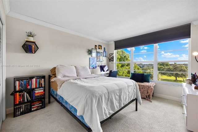 carpeted bedroom with crown molding