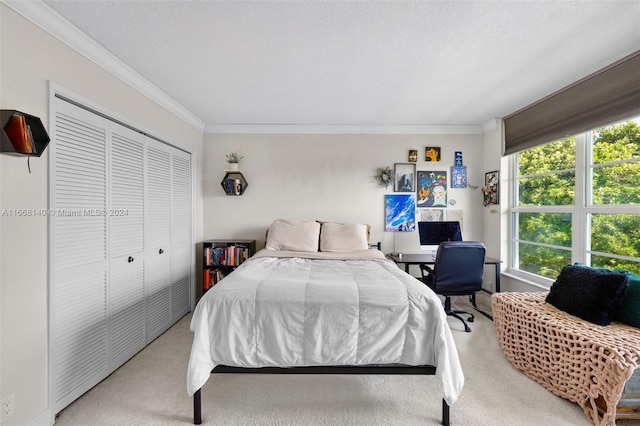 carpeted bedroom with a textured ceiling, crown molding, and a closet