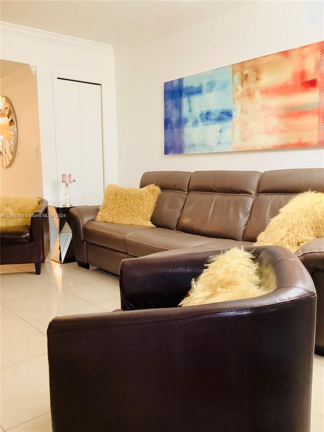 tiled living room with crown molding