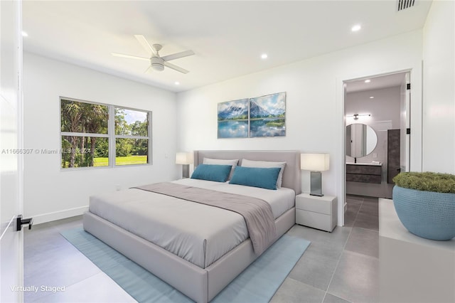 bedroom featuring connected bathroom and ceiling fan