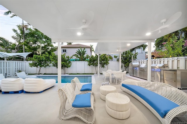 view of pool featuring a grill, a fenced backyard, ceiling fan, and area for grilling