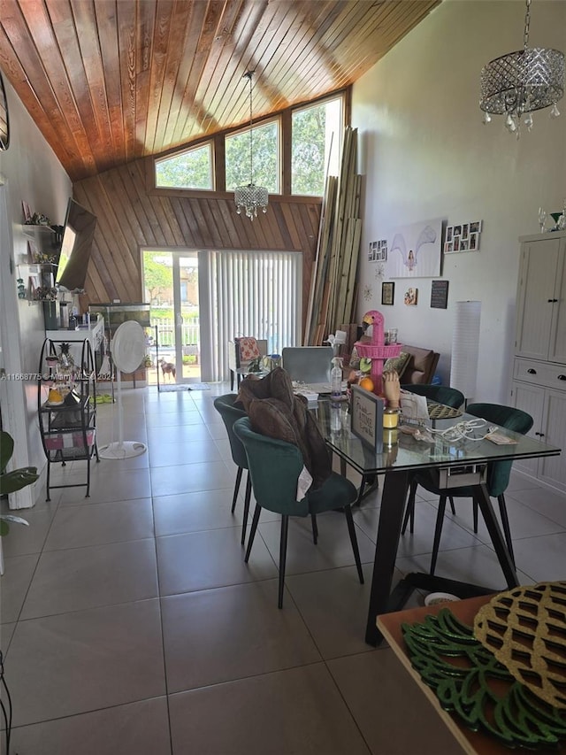 dining room with wooden walls, wood ceiling, tile patterned flooring, and lofted ceiling