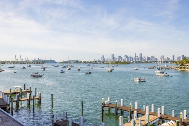 view of dock with a water view