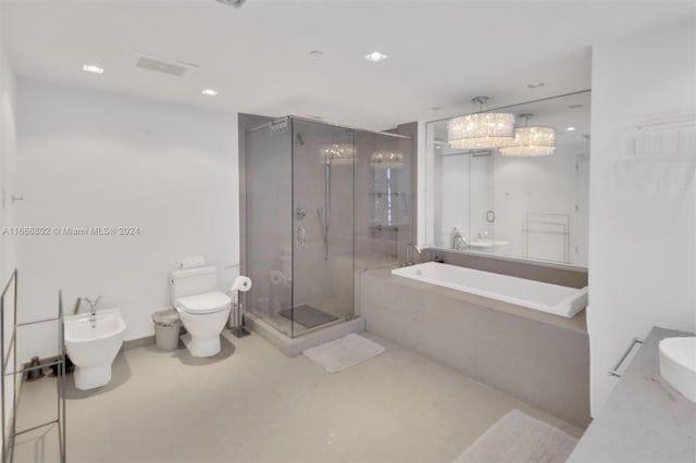 bathroom with plus walk in shower, toilet, and a bidet