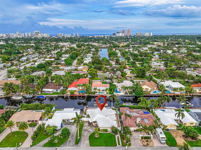 drone / aerial view featuring a water view