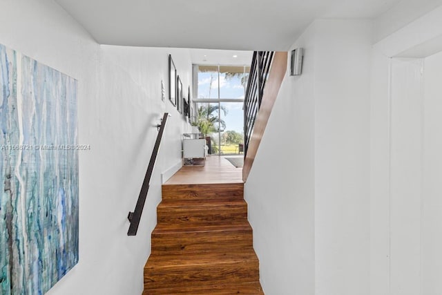 stairs featuring hardwood / wood-style floors