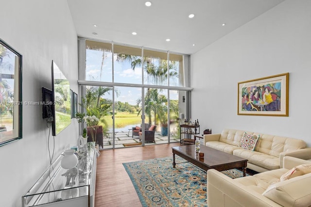 living room with light hardwood / wood-style flooring, a towering ceiling, and expansive windows