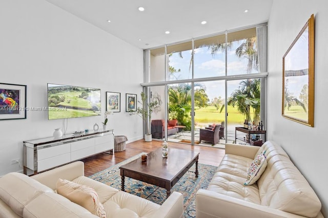 living room with a high ceiling, a wall of windows, and hardwood / wood-style floors