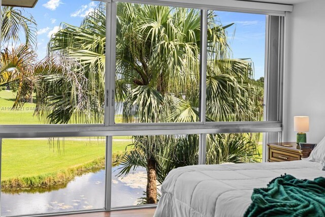 bedroom featuring a water view