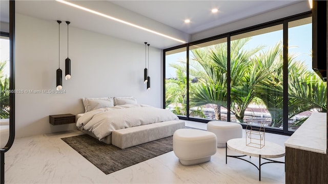 bedroom with a wall of windows