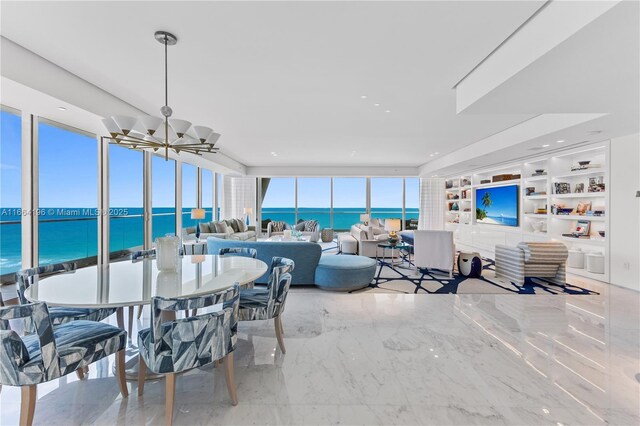 dining space with a water view