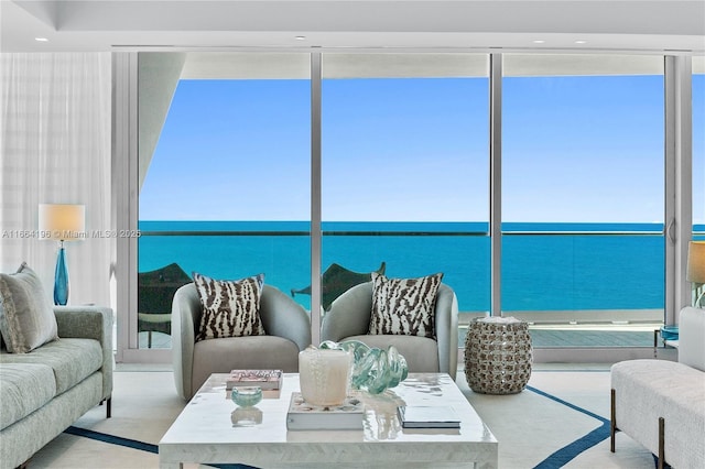 living room featuring carpet flooring and a water view