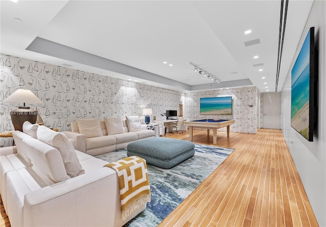 living room with rail lighting, pool table, hardwood / wood-style flooring, and wallpapered walls