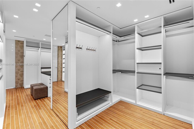 walk in closet with light hardwood / wood-style flooring