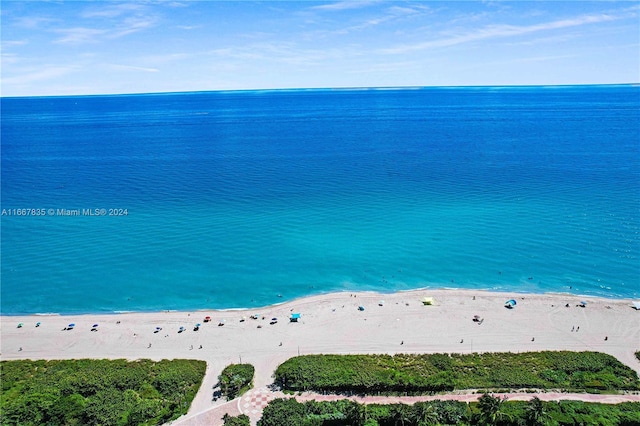 aerial view featuring a water view and a beach view