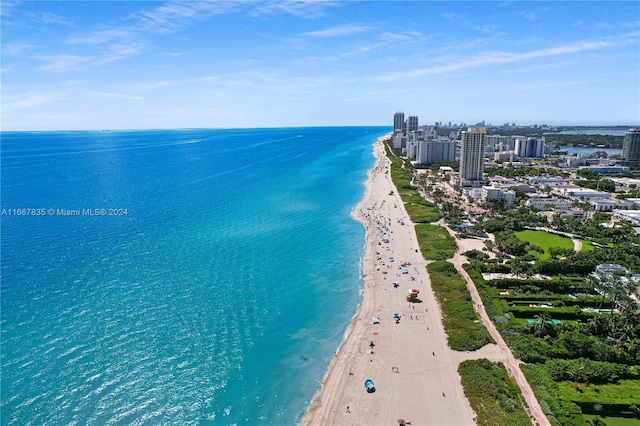 bird's eye view featuring a water view and a beach view