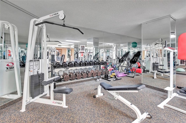 workout area featuring a textured ceiling and carpet floors