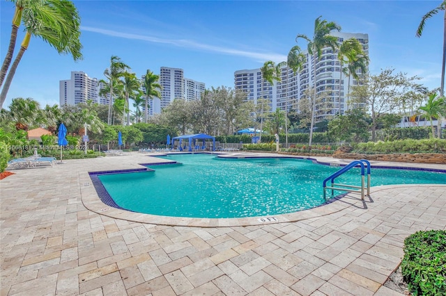 view of swimming pool featuring a patio area