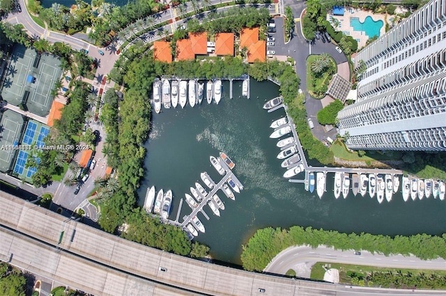 bird's eye view with a water view