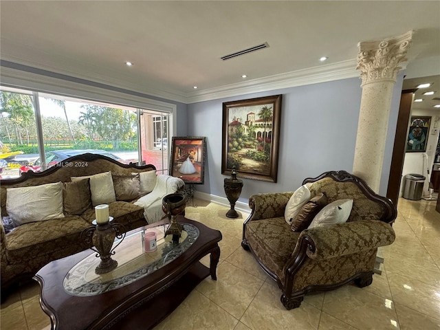 tiled living room with ornamental molding and ornate columns