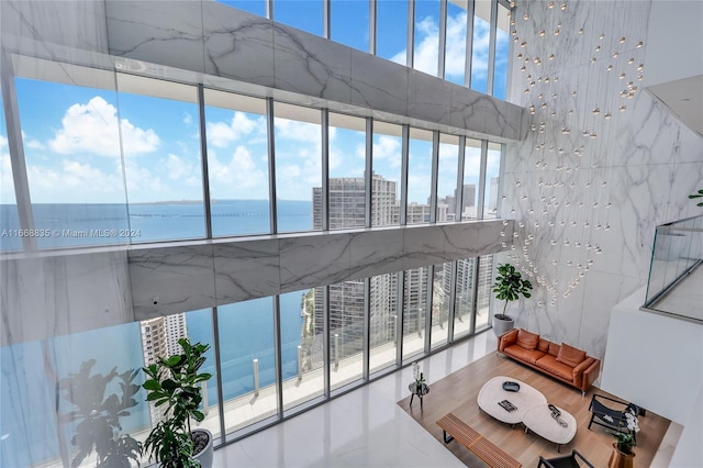 stairs featuring a city view and a water view