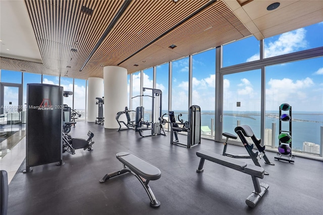 gym featuring floor to ceiling windows and a water view