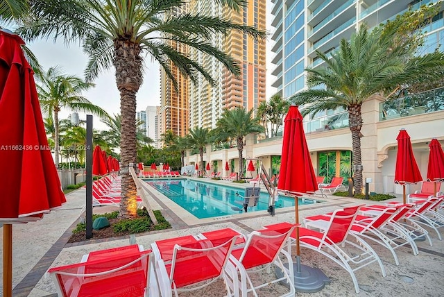 view of swimming pool with a patio area