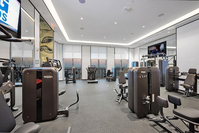 workout area featuring a raised ceiling