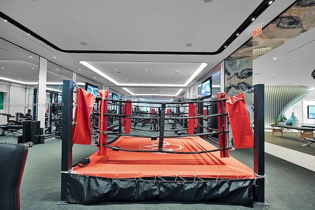 exercise room with carpet floors and a tray ceiling