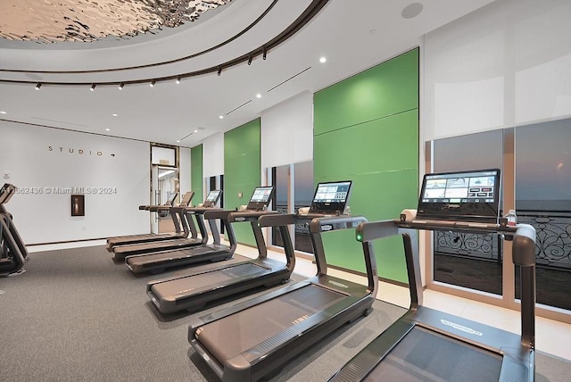 gym with a towering ceiling