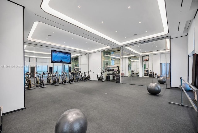 exercise room featuring a tray ceiling