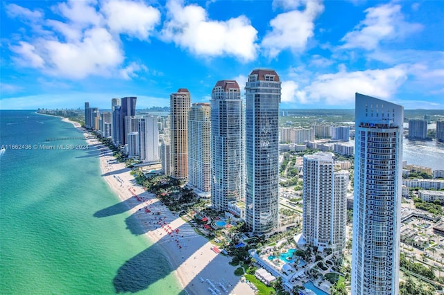 aerial view with a water view and a beach view