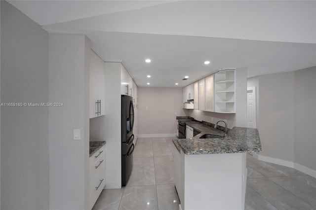 kitchen with sink, kitchen peninsula, black appliances, white cabinetry, and dark stone counters