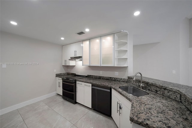 kitchen with white cabinetry, stainless steel dishwasher, black electric range oven, and sink