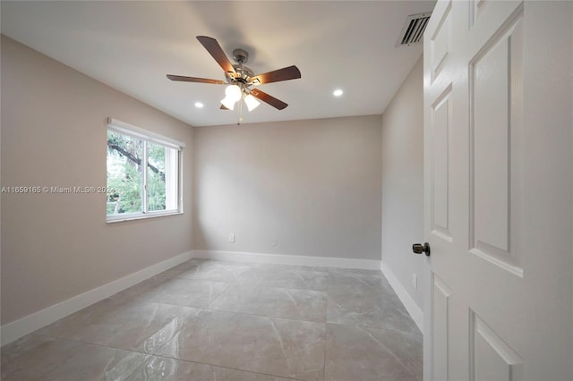 unfurnished room featuring baseboards, recessed lighting, and a ceiling fan
