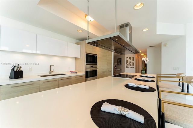 kitchen featuring white cabinets, sink, black appliances, range hood, and light brown cabinetry