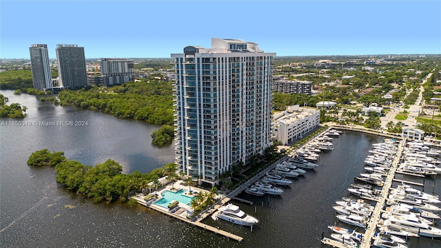 bird's eye view with a water view