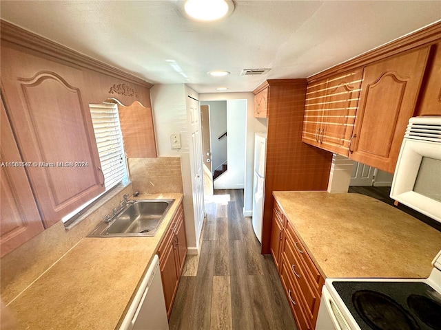 kitchen featuring dark wood-type flooring, sink, and white appliances